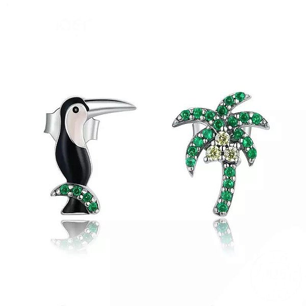Brinco Tropical Coqueiro e Tucano Em Prata 925 legítima