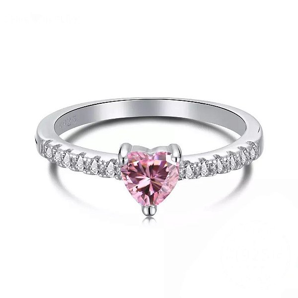Anel princesa coracao rosa claro em prata 925 legítima
