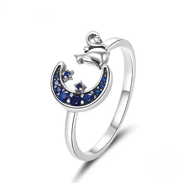 Anel Ajustável Gato E Lua Azul Prata 925 Legitima