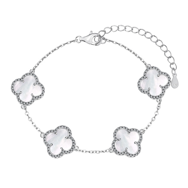 Pulseira Madrepérola Trevos Cravejados Em Prata Legítima 925