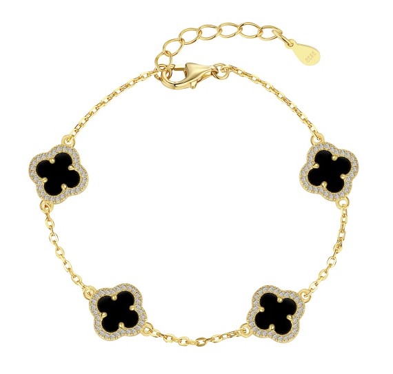 Pulseira Trevo Preto Banho Ouro 18k Em Prata Legítima 925