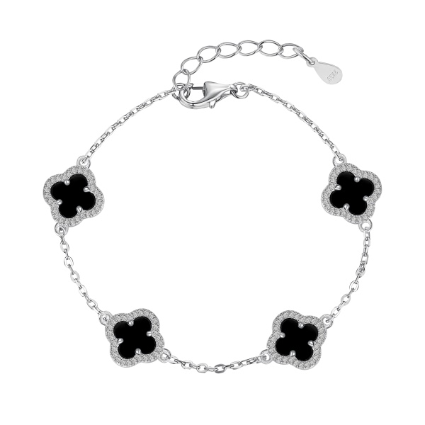 Pulseira Trevinhos Preto Cravejado Em Prata Legítima 925