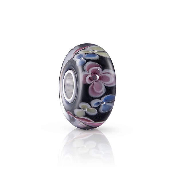 Berloque vidro murano preto flores rosa e azul prata 925