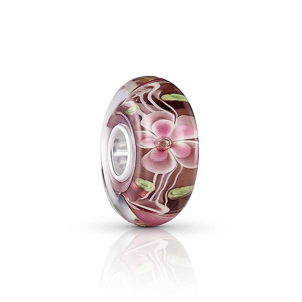 Berloque de vidro murano flores rosa com folhas prata 925