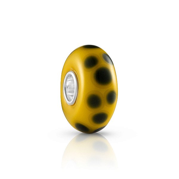 Berloque vidro murano amarelo com bolinhas pretas prata 925