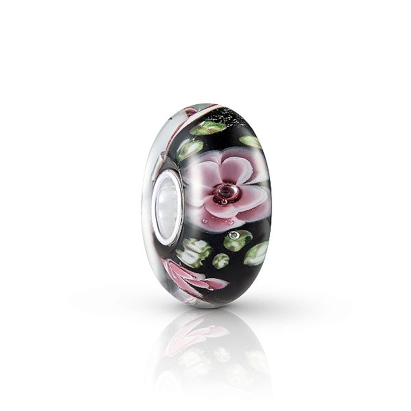 Berloque vidro murano preto flor rosa prata legítima 925