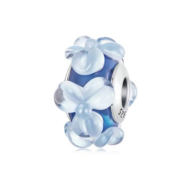Berloque vidro murano azul floral prata legítima 925