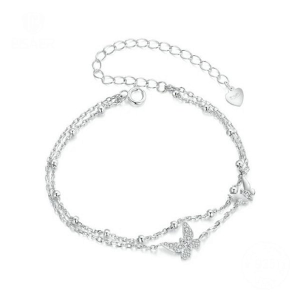 Pulseira borboletas duplo fio em prata legítima 925