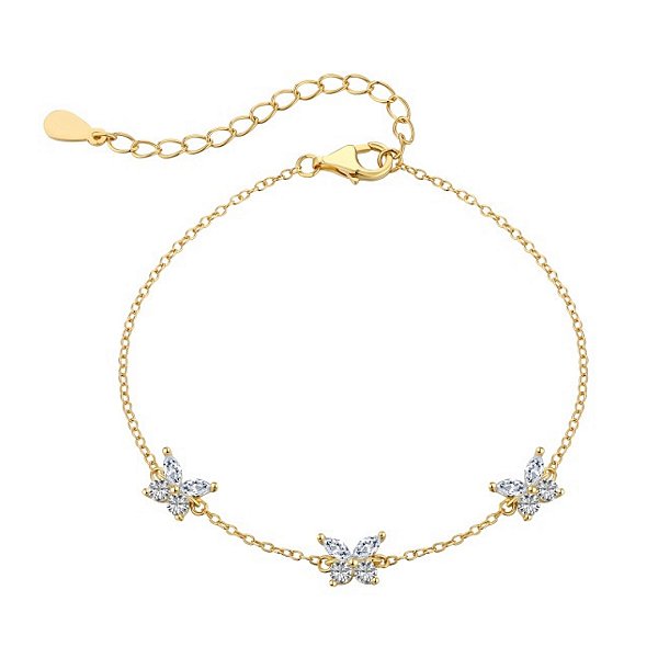Pulseira borboletas brilhantes banho ouro 18k em prata 925