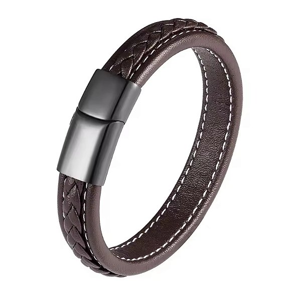 Pulseira couro trançado aço inox com banho rodio negro