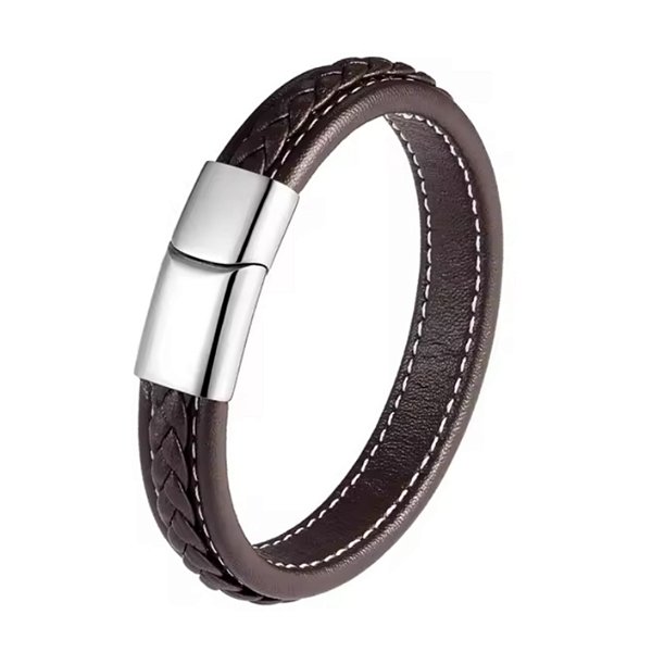 Pulseira couro trançado marrom aço inox fecho cromado