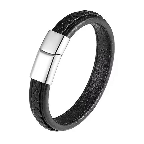 Pulseira couro trançado preto aço inox fecho cromado