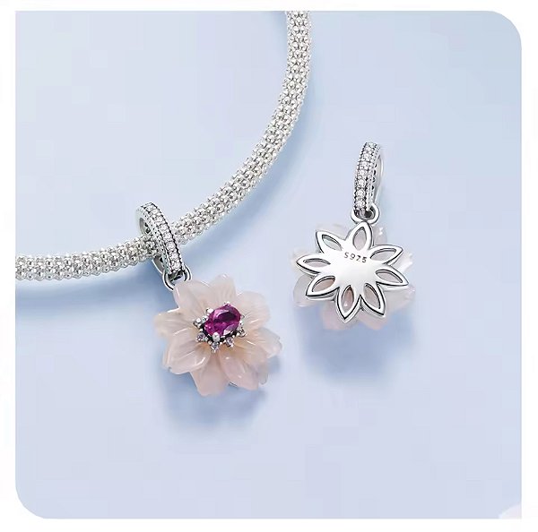 Berloque Pendente Flor Rosa Delicada Em Prata 925 Legítima