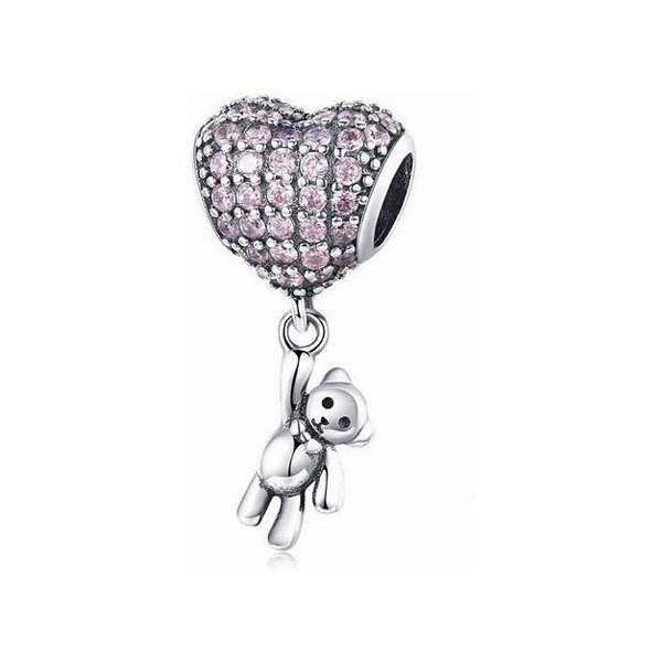 Berloque Charm Urso E Coração Prata Leve