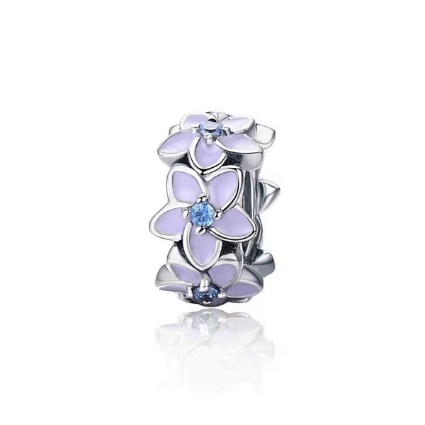 Berloque stopper silicone floral lilás em prata legítima 925