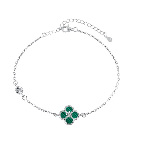 Pulseira trevinho verde malaquita em Prata Legítima 925