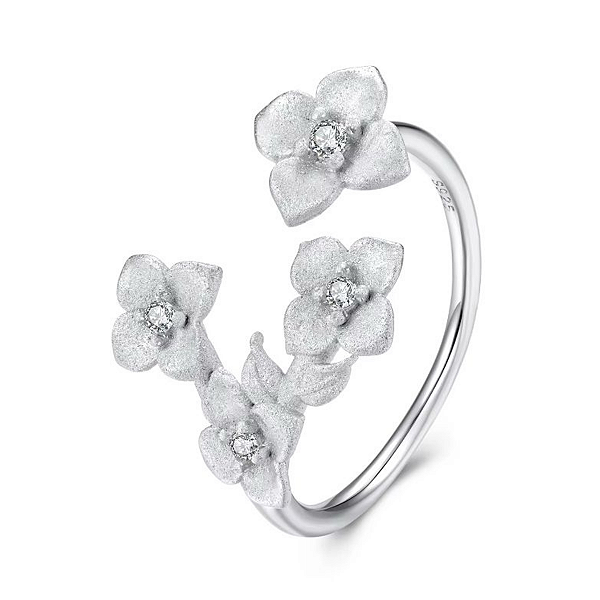 Anel floral fosco ajustavel em prata legítima 925