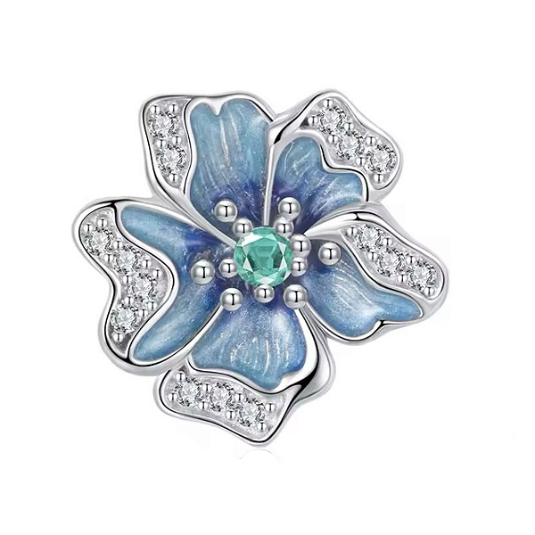Berloque Flor Azul Stopper com Silicone Prata Legitima 925