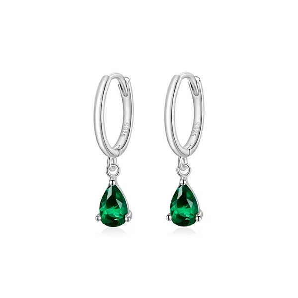 Brinco argolinha pedra verde em prata legítima 925