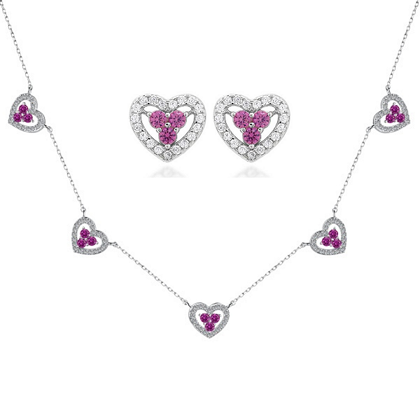 Conjunto Brinco e Colar Corações Pink Prata Legítima 925