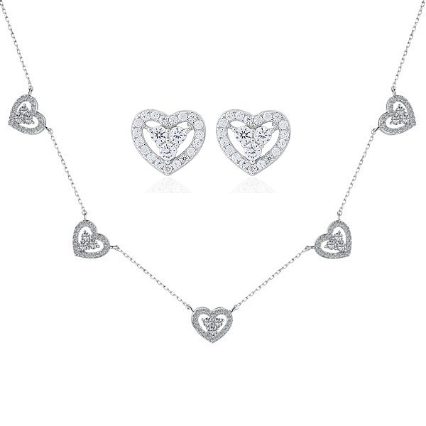 Conjunto Brinco Colar Corações Cravejado Prata Legítima 925