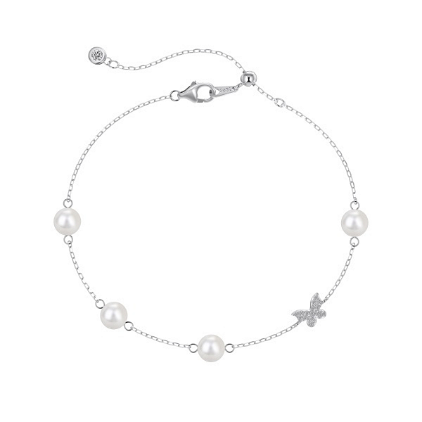 Pulseira Ajustável Borboleta e Pérolas Em Prata 925 Legitima