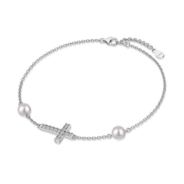 Pulseira Cruz Cravejada e Pérolas Em Prata 925 Legitima