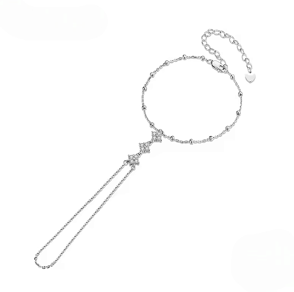 Pulseira hand chain flor de cristal em prata legítima 925