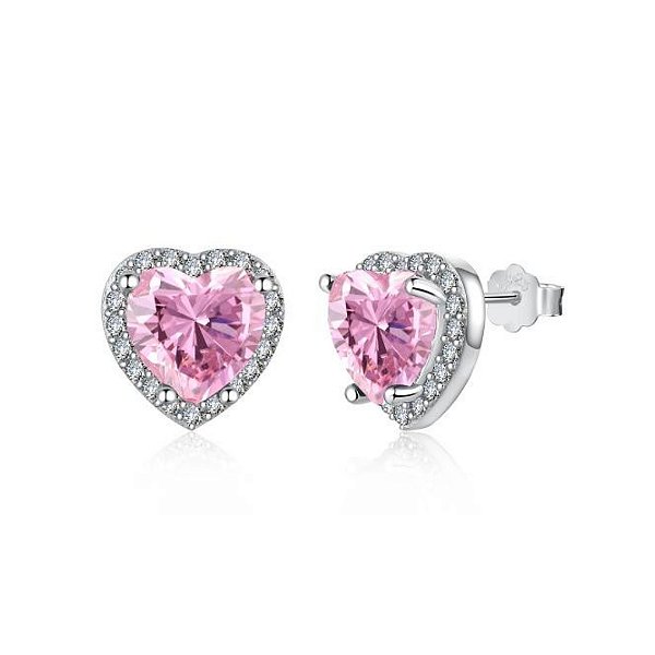 Brinco coracao brilhante cravejado rosa em Prata 925