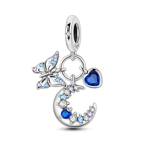 Berloque lua e borboleta brilhante prata eternal joias