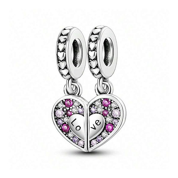 Berloque pendente coração mãe e filha amor eterno prata