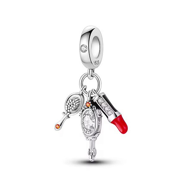 Berloque beleza feminina escova espelho e batom prata