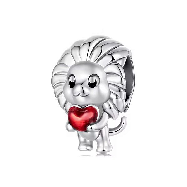 Berloque leão amoroso coração vermelho em prata legítima 925