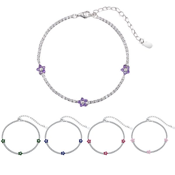 Pulseira riviera de florzinhas em Prata 925 Legítima