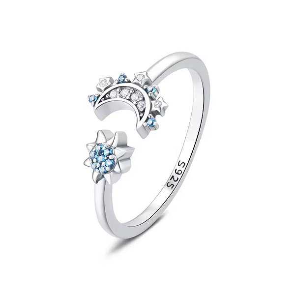 Anel sol e lua ajustável em prata legítima 925