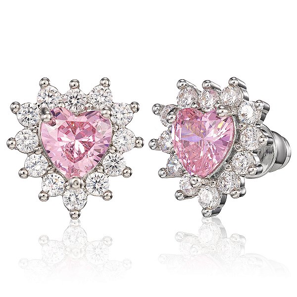 Brinco coração rosa claro brilhante semijoia banho de ródio