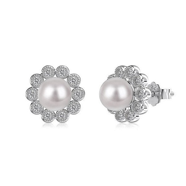 Brinco Romantico Flor e pérola em Prata 925 Eternal Joias