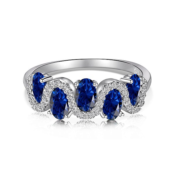 Anel Ondulado Cravejado azul safira prata 925 Eternal Joias