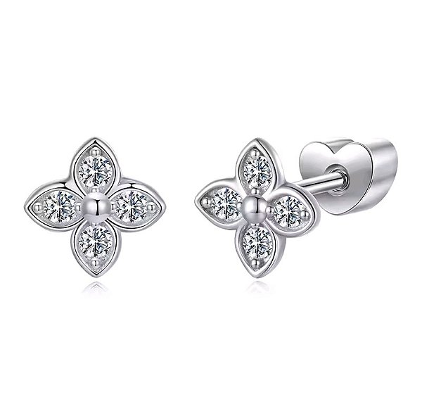 Brinco flor tarraxa baby Moissanite 0.015ct Prata 925
