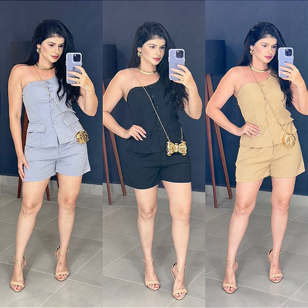 Conjunto cropped ombro único + Shorts - 7065