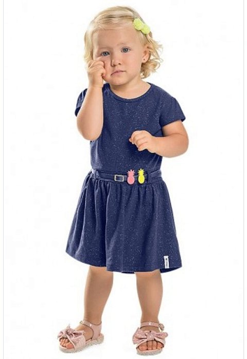 Vestido Infantil Azul Marinho com Glitter e Cinto