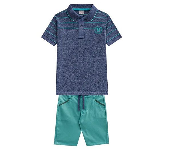 Conjunto Infantil Menino Camiseta Polo Listrada Bermuda Sarja Mundi