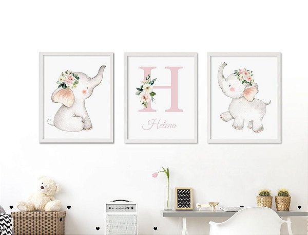Quadro Infantil Menina Elefante Nome Personalizado