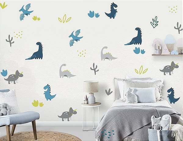 Adesivo de Parede Infantil Dinossauro Azul e Cinza
