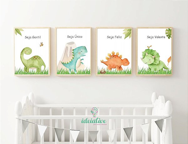 Kit Quadro Infantil Dinossauro Aquarela Com Paisagem