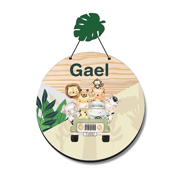 Enfeite Porta Maternidade Mdf Safari Com Pendurador De Folha E Nome Personalizado