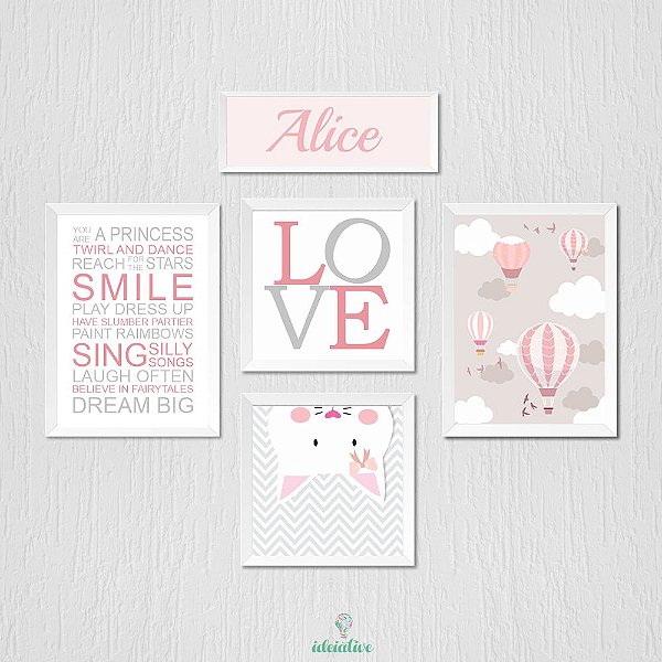 Quadro Infantil Love Balão Gato Nome Frases