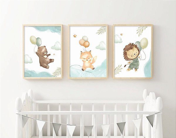 Kit 3 Quadros Animais com Balão - 33x43cm