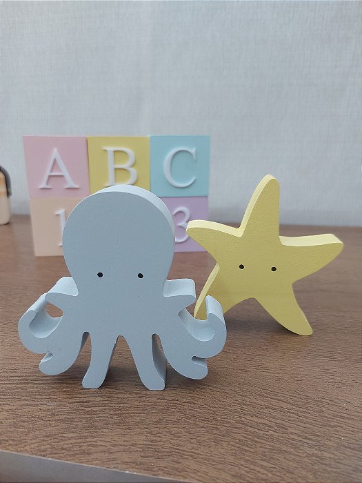 Adorno Fundo do Mar Polvo e Estrela em mdf - kit com 2