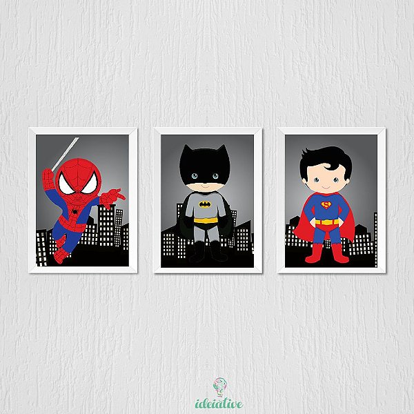Quadro Infantil Menino Super Heróis, Homem Aranha, Batman e Super Homem